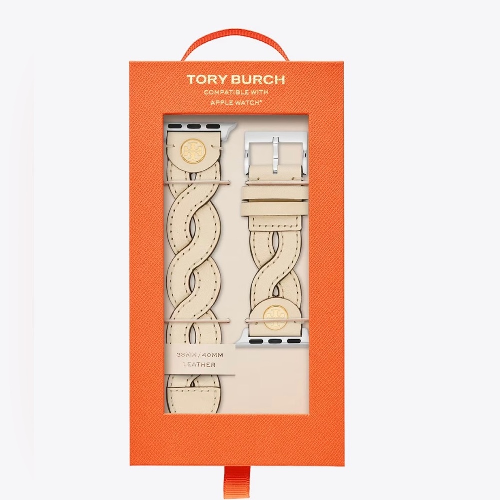 NEW TORY BURCH BRAIDED SOLID BAND FOR APPLE WATCH CREAM LEATHER 38-40MM